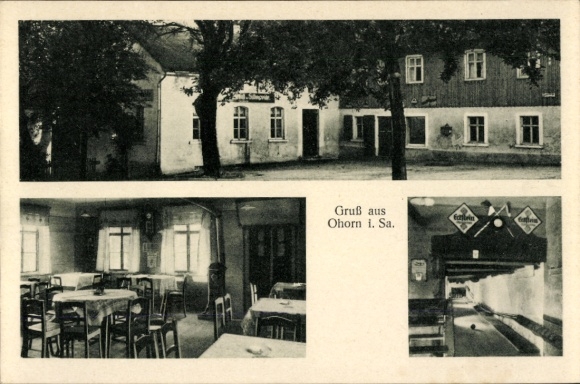 Ak Ohorn in Saksen, drie foto's, restaurant, interieur, groeten uit Ohorn i. Sa.