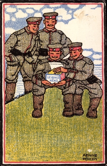 Kunstenaarskaart Koken, Aenne, reclame, Leibniz-koekje, soldaten