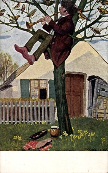 Artist Postcard Spiegel, F., eccentric, man with flute on a tree, birds