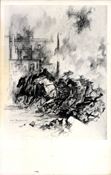 Artist Postcard Busch, Wilhelm, Hand horses, riders lying in battle, horses brought into cover