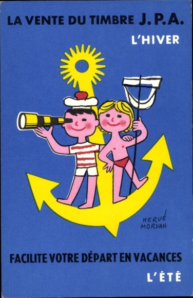 Artist Postcard Morvan, Herve, The Sale of the JPA Stamp, Youth in the Outdoors