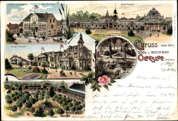 Chromo-Litho Bad Oldesloe in Holstein, Hotel zur Krone, concert area, bathhouses