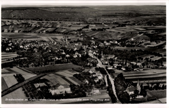 Postcard Brackenheim an der Zaber Württemberg, aerial photography, district hospital, St. John's Church