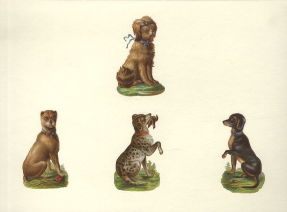 4 opłatki z psami różnych ras, każdy o wymiarach ok. 8 x 5 cm