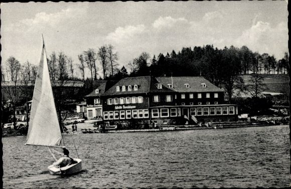 Postcard Hückeswagen an der Wupper, Seehotel Bevertalsperre, view from the lake, sailing boat