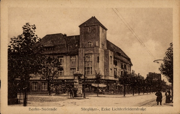 KP Berlin Steglitz Südende, róg Steglitzer Straße Lichterfelder Straße, sklepy, kolumna ogłoszeniowa
