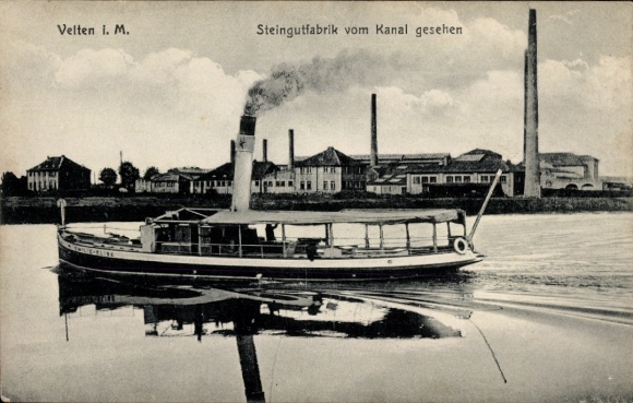 Picture Velten in der Mark, steamboat on the water, earthenware factory in the background