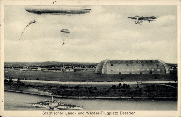 Postcard Dresden Kaditz, Municipal Land and Water Airport, Airship, Airplane, Parachute