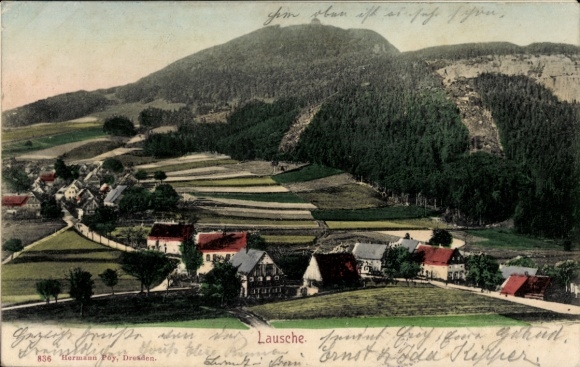 Postcard Waltersdorf Großschönau Oberlausitz, Lausche, landscape with mountains, fields, and small houses