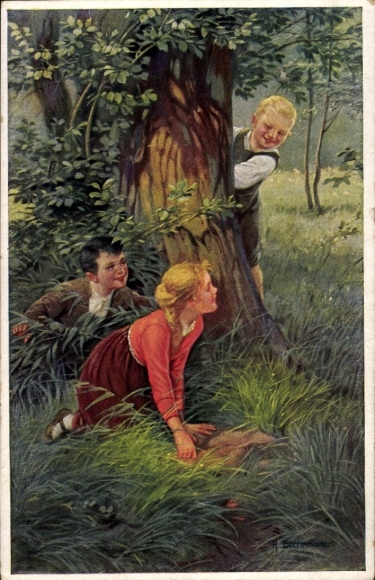 Artist Postcard Borrmeister, R., hiding place, children, game