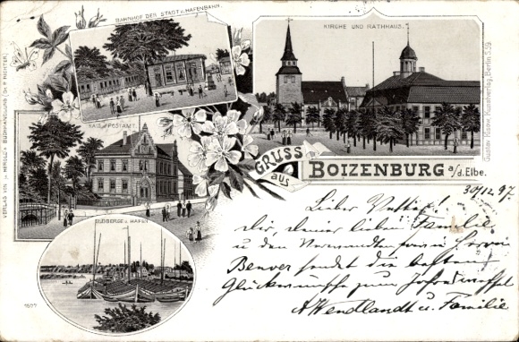 Chromo-Litho Boizenburg an der Elbe, train station, church, town hall, post office
