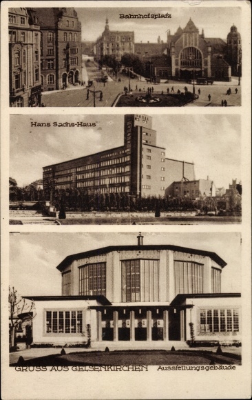 Postcard Gelsenkirchen in the Ruhr area, exhibition building, Hans Sachs Haus, Bahnhofsplatz