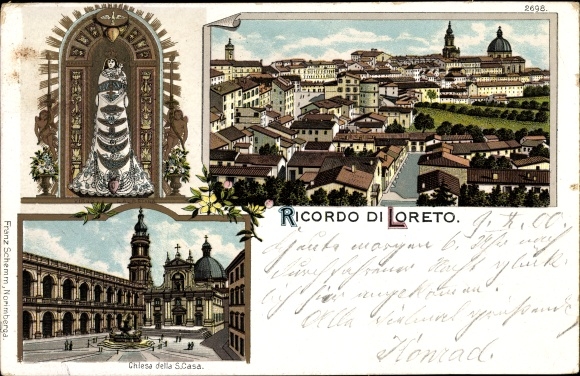 Litho Loreto Marche, Chiesa della S. Casa, Gnadenbild, Panoramablick auf die Stadt