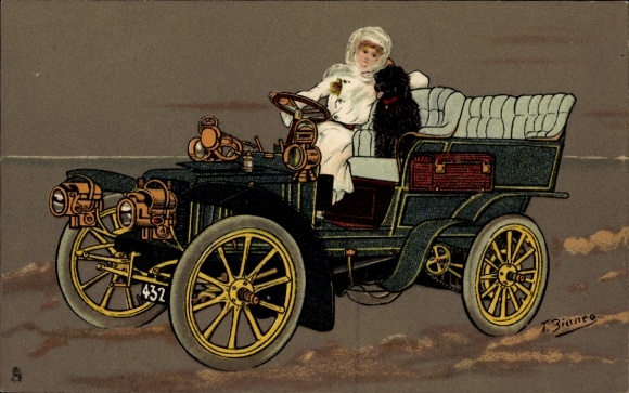 Artist Postcard Bianco, T., woman at the wheel, automobile, poodle