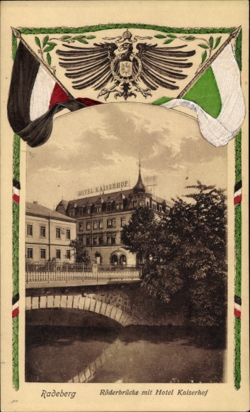 Passepartout PC Radeberg Sachsen, Röderbrücke, Hotel Kaiserhof, eagle, flags