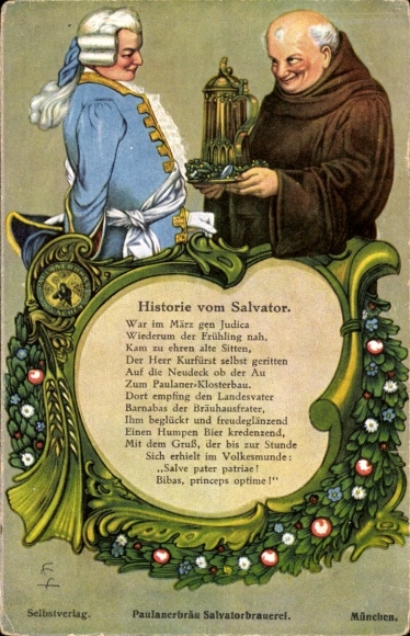Künstler Ak München, Historie vom Salvator, Gedicht, Kurfürst, Mönch, Bier, Paulanerbräu