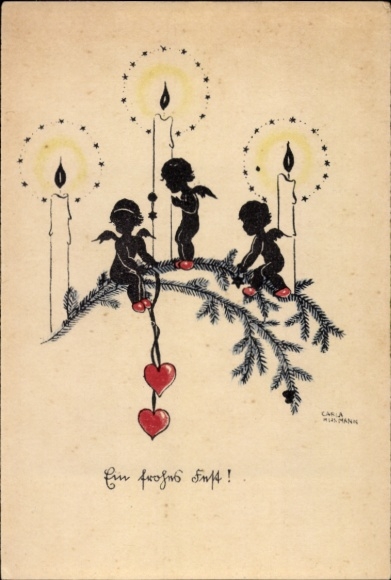 Papierknipkunstenaar Ak Gefeliciteerd Kerstmis, engel, kaarsen, dennentakken