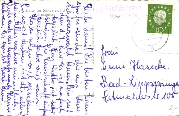KP Landpoststempel Holzbronn przez Calw
