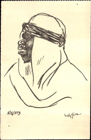 Artist Postcard Sluiter, Willy, Algiers, Araber, Portrait, Maghreb, Stoomvaart Maatschappij Nederland