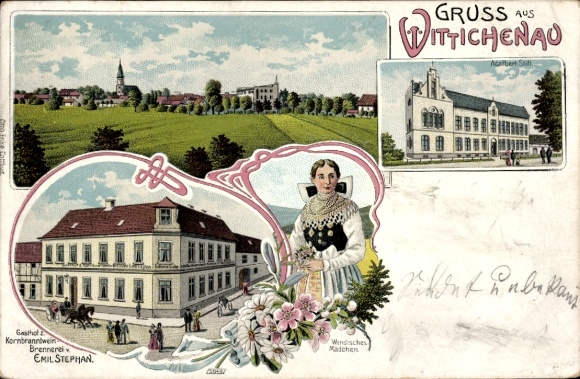 Litho Wittichenau in der Oberlausitz, Gasthof von Emil Stephan, Frau in Tracht