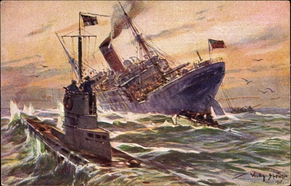 Artist PC Stöwer, Willy, Destruction of an English merchant steamer by a German U-boat