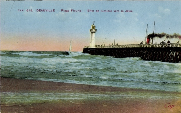 Ak Deauville La Plage Fleurie Calvados, Seesteg, Leuchtturm
