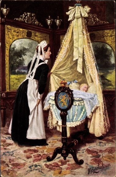 Artist PC Gerstenhauer, Johann Georg, nanny considers sleeping baby in the cradle