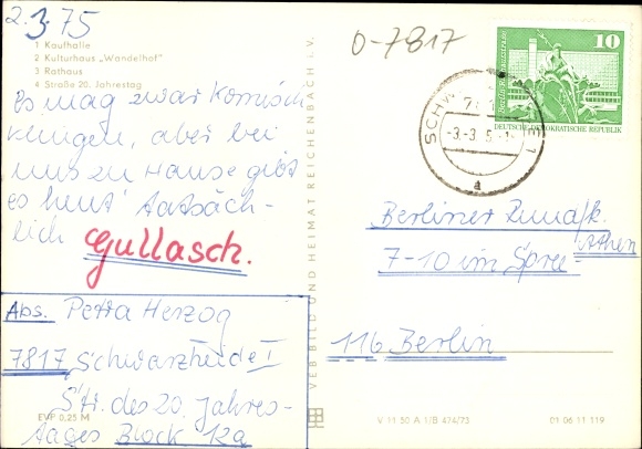 Postcard Schwarzheide in Niederlausitz, department store, Kulturhaus Wandelhof, town hall, street 20th anniversary