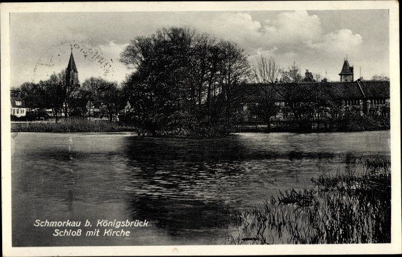 Postcard Schmorkau Neukirch Sachsen, castle with church, lake