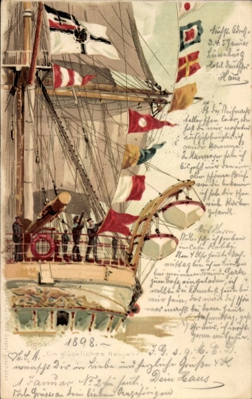 Artist Chromo-Litho Bohrdt, Happy New Year, Sailing Ship with Signal Flags