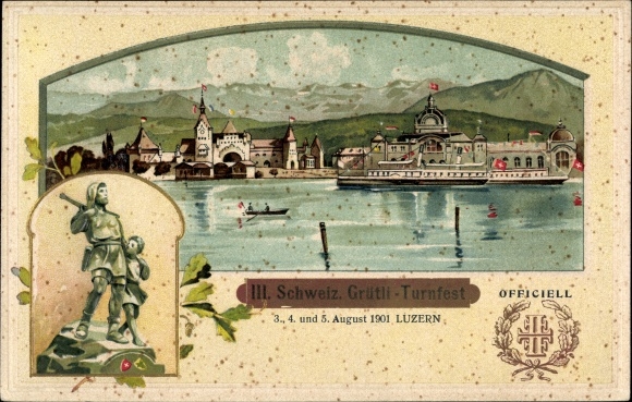 Reliëf passe-partout litho Lucerne Stad Zwitserland, III. Zwitserland. Grütli Gymnastics Festival 1901, Uitzicht op de stad, Tel