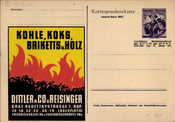 Reklama artykułów pocztowych, węgiel, koks, brykiety, drewno, Dittler & Co. i Reisinger, Graz