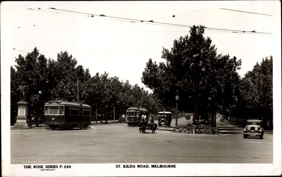 Postcard St Kilda Melbourne Australia, Street Scene, Trams
