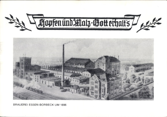 Postwaardekaart Borbeck Essen in het Ruhrgebied, brouwerij rond 1896, Posthorn 1986, tentoonstelling