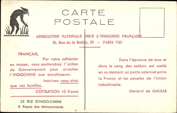 Artist Postcard Vietnam, Le riz d'Indo Chine, repas des Moissonneurs