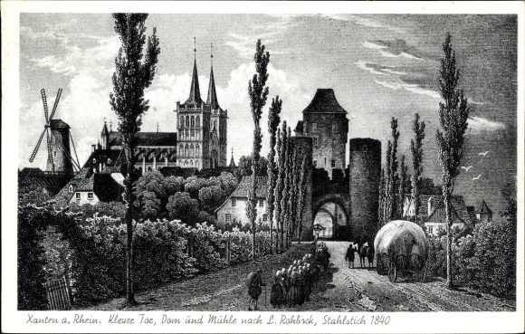 Artist PC Rohbock, L., Xanten, Klever Tor, St. Victoria Cathedral, windmill, 1840