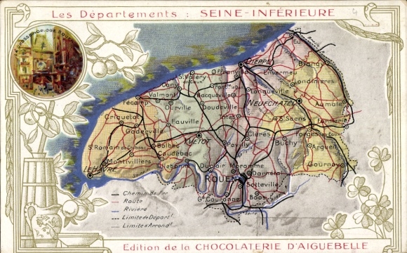 Maps Postcard Seine Maritime, Rouen, Neuchatel, Dieppe, Chocolaterie d'Aiguebelle