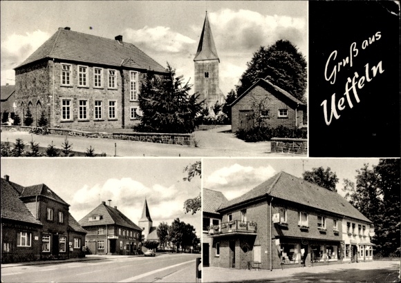 Ak Ueffeln Bramsche in Niedersachsen, Kirche, Rathaus, Geschäft, Straßenpartie