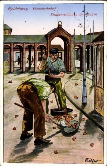 Artist PC Heidelberg am Neckar, main station, street cleaning in the morning