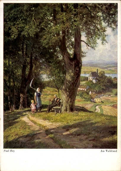 Artist Postcard Hey P., At the edge of the forest, farmer's wife with scythe
