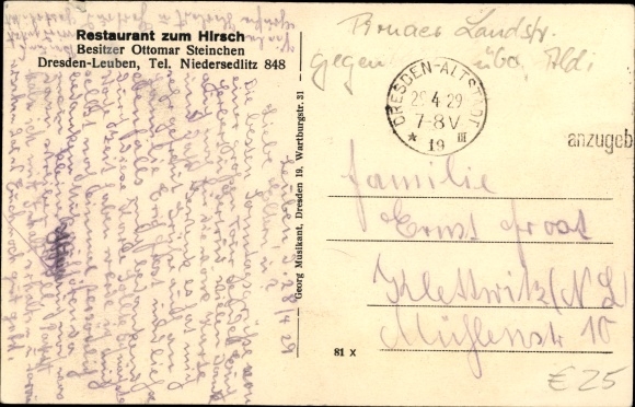 Postcard Dresden Leuben, Restaurant zum Hirsch, Pirnaer Landstrasse