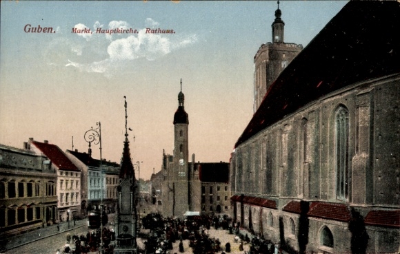 Ak Guben in Neder-Lausitz, markt, hoofdkerk, stadhuis, architectuur, menigte
