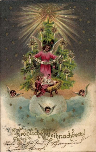 Embossed PC Merry Christmas, Christmas tree, angel