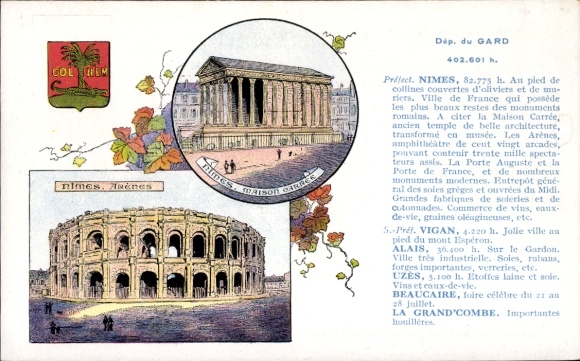 PC Nîmes Gard, front shows Arènes, Maison Carrée, olive hills, monuments