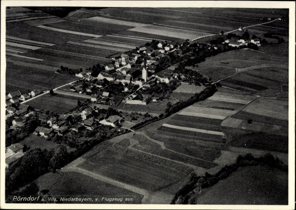 Postcard Landshut in Lower Bavaria, aerial photograph Pörndorf, agricultural fields, buildings, church