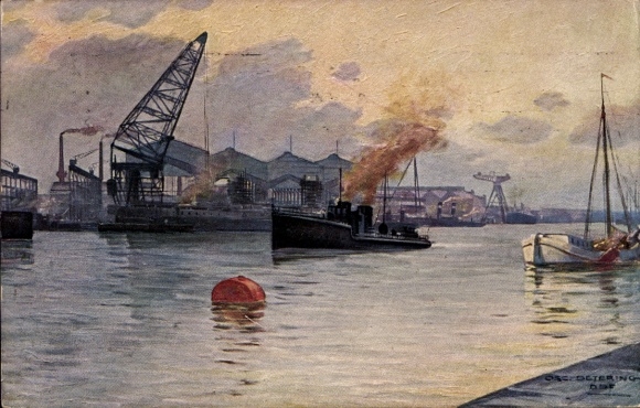 Artist Postcard Detering, Oscar, Kiel, Germaniawerft Fried. Krupp AG, seen from the harbor, torpedo boat
