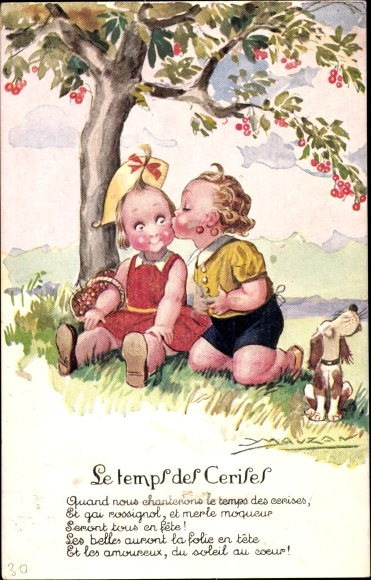 Artist Postcard Mauzan, Le temps des Cerises, Cherry Time, Kiss