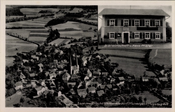 Postcard Nemmersdorf Goldkronach in the Fichtelgebirge Upper Franconia, aerial photograph, beer restaurant