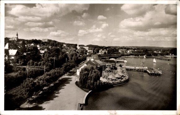Postcard Starnberg am Starnberger See Upper Bavaria, landscape with lake, promenade, trees, buildings, Bo