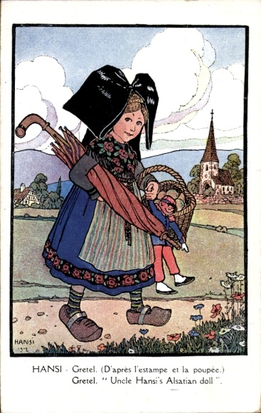 Artist Postcard Hansi, girl in Alsatian costume, Gretel, French soldier doll